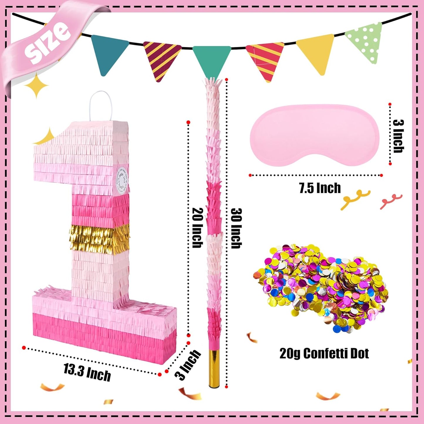 PCFING 20 Inch Number 1 Piñata Pink Gold with 30 Inch Piñata Stick Blindfold Confetti for Boys Girls Adults Birthday Party Decorations, Anniversary Celebration, Fiesta