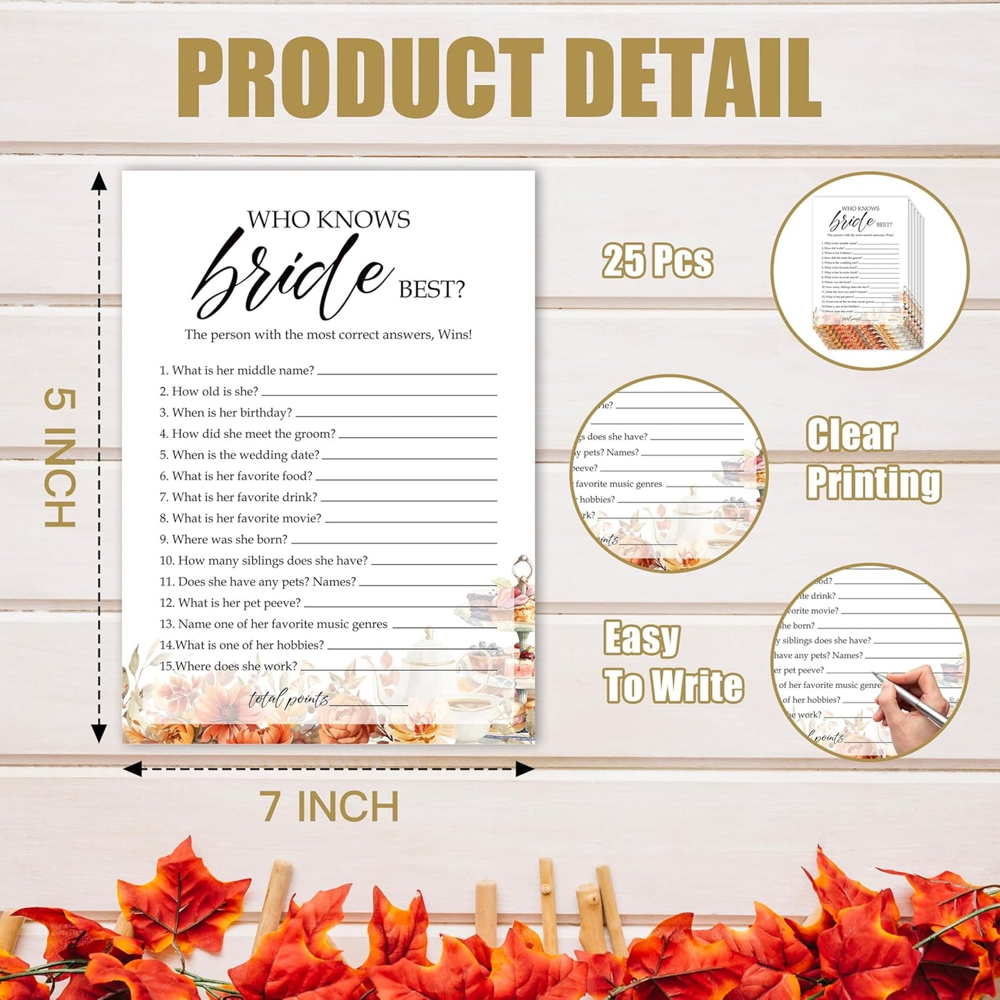 Fall Bridal Shower Games Cards, Who Knows Bride Best Wedding Bachelorette Party Games, Fall in Love Bridal Shower Decorations, 25 Cards, G07