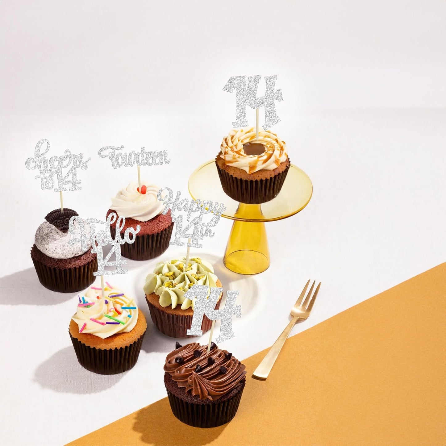 30Pcs 14th Birthday Cupcake Toppers Hello 14 Cupcake Picks Fourteen Cheers to 14 Years Old Cake Decorations for 14th Birthday Anniversary Party Supplies Silver Glitter