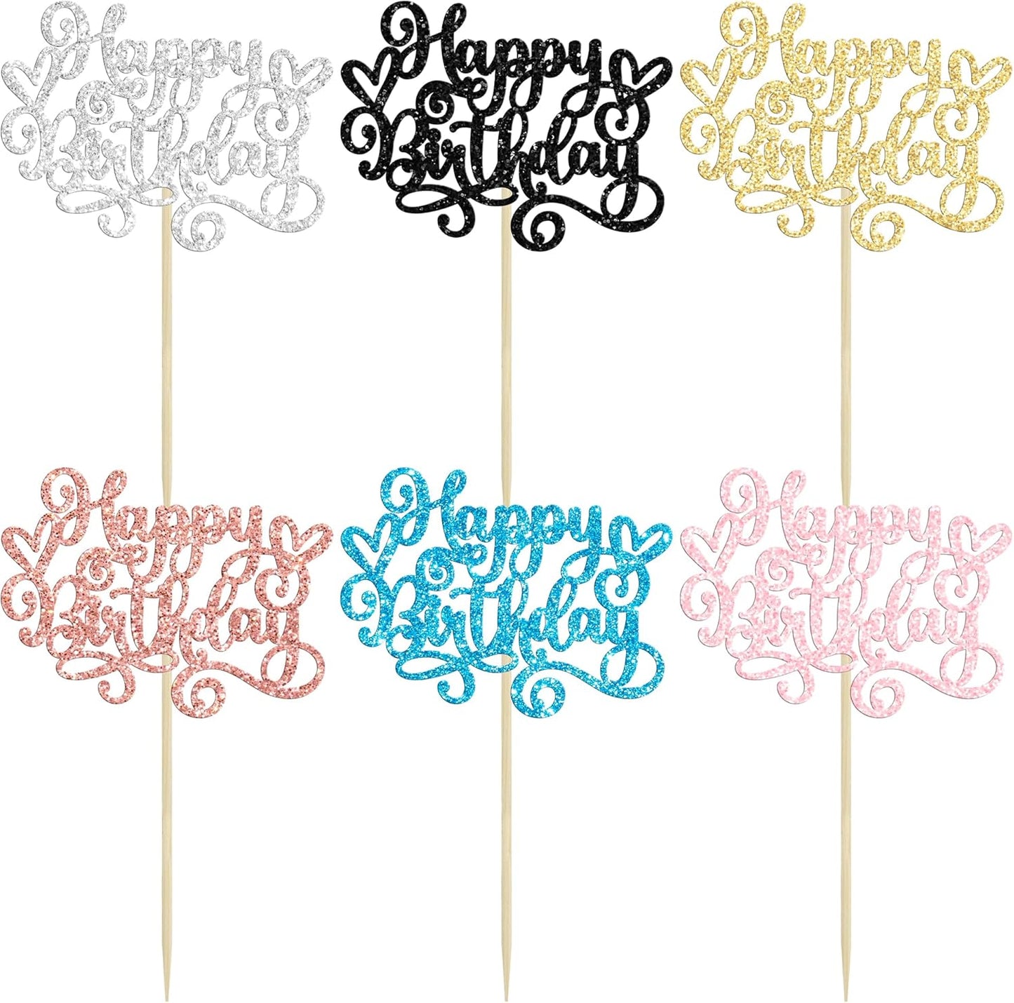 Gyufise 24Pcs Happy Birthday Cupcake Toppers Glitter Happy Birthday Cupcake Picks for Celebrating Happy Birthday Anniversary Theme Party Cake Decorations Supplies Black Pink Blue