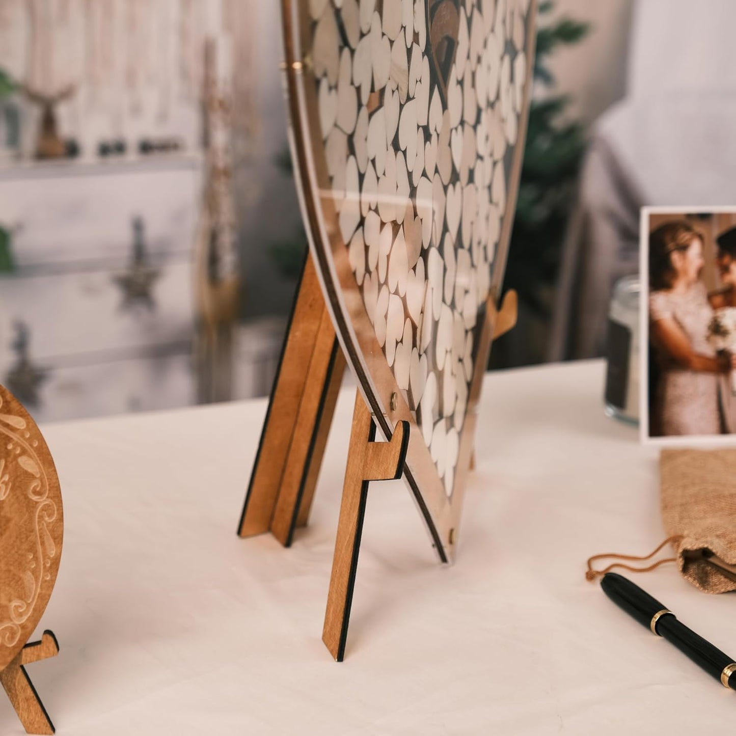 Personalized Wooden Wedding Guest Book Alternative – Rustic Heart Round or Rectangle Shape with Acrylic Display – Custom Gift for Couples