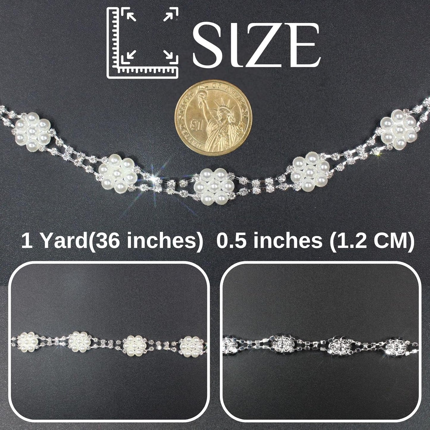 PEARLY JUN 1 Yard Pearl Rhinestone Trim Chain Silver Crystal Fringe Diamond Applique Ribbon String Tassel Strip for Sewing Wedding Dress Crafting Crafts Flower Embellishments