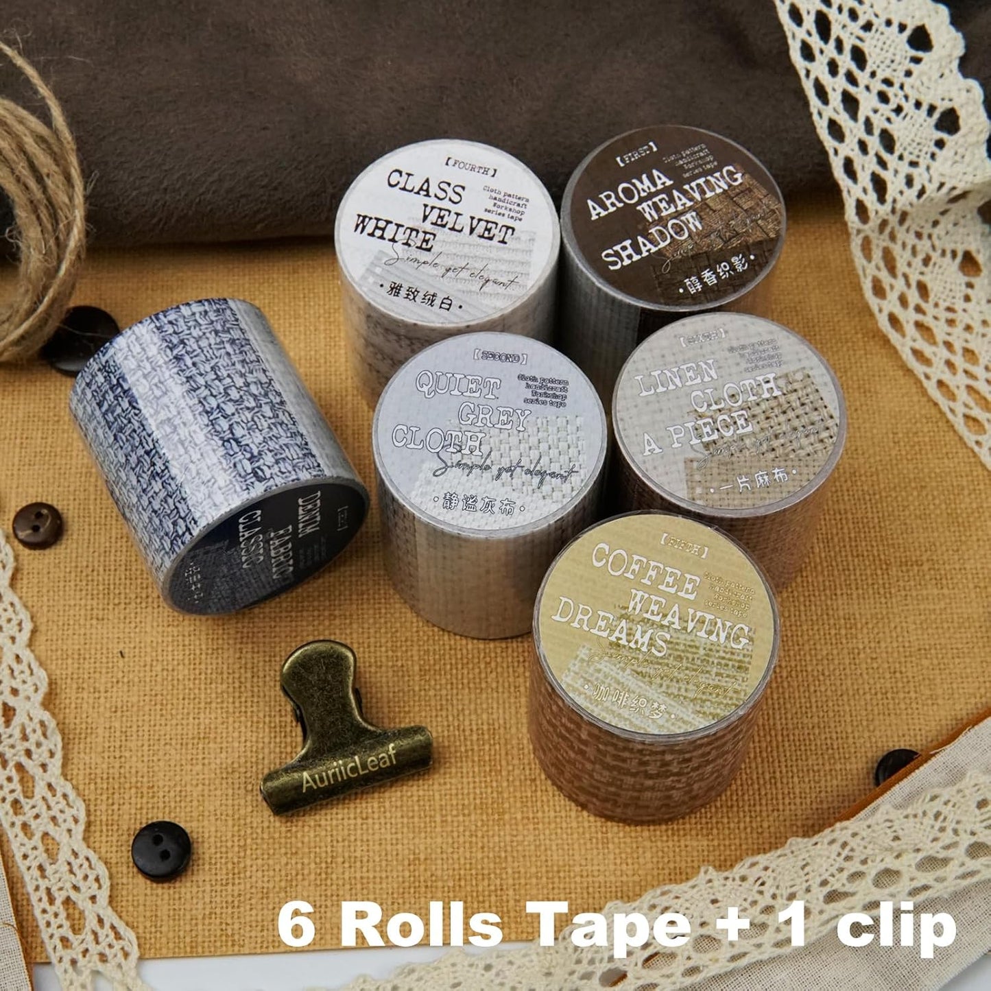 Fabric-Patterned Washi Sticker Set, 6 Rolls Vintage Stickers for Scrapbooking, Journaling, DIY Crafts, and Decorative Wrapping