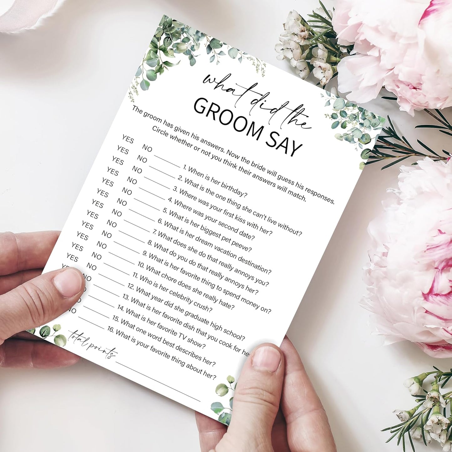 Eucalyptus Bridal Shower Game Cards - What Did the Groom Say, Wedding Engagement Bachelorette Party Bridal Shower Games for 30 Guests, Double Sided Cards Set of 30, Activity Supplies & Favor/A08