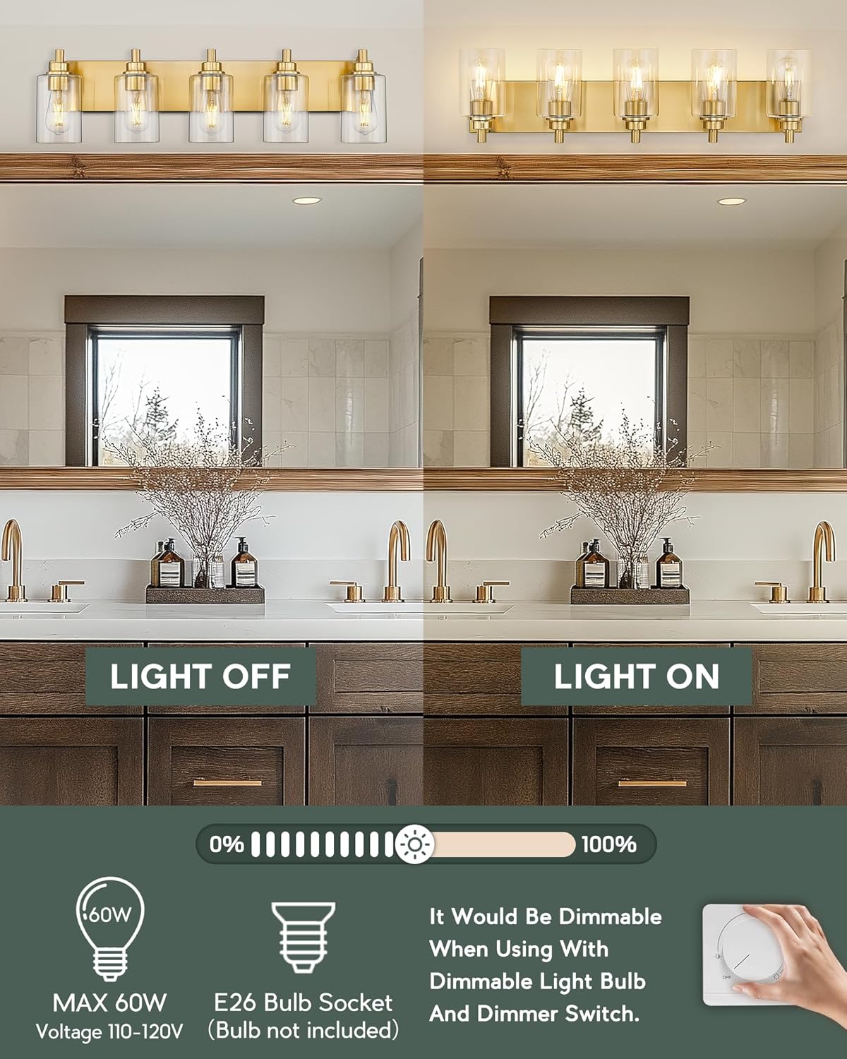 5-Light Bathroom Light Fixtures, 30 Inch Brushed Gold Vanity Light with Cylinder Clear Glass Shade, Modern Vanity Lighting Fixtures Over Mirror, VL143-BG-5