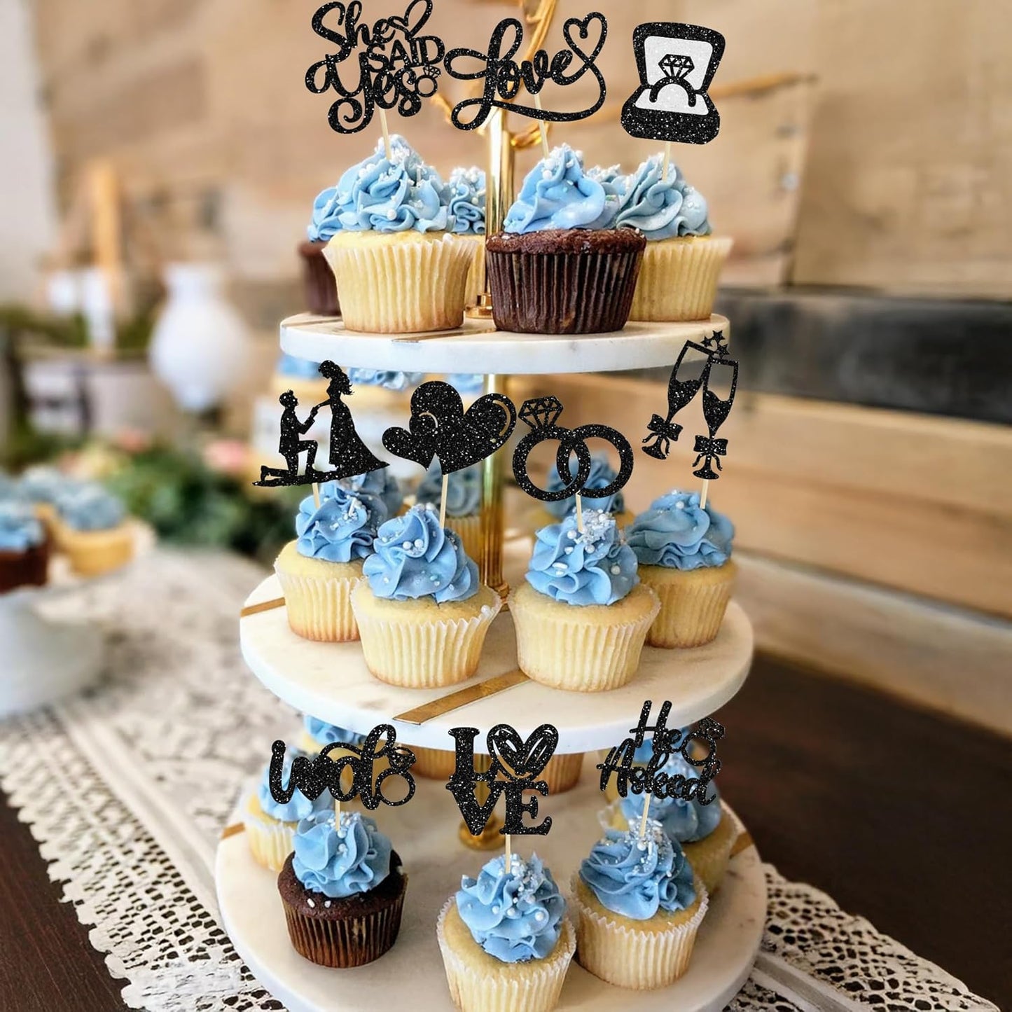 Ephlyn 30Pcs He Asked She Said Yes Cupcake Toppers Glitter Engagement Cupcake Toppers Diamond Ring Heart Love I Do Cupcake Picks for Engagement Wedding Party Cake Decorations Black