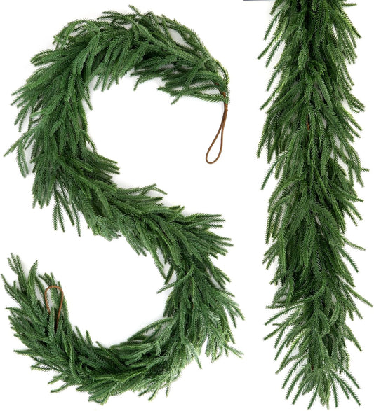 2 Pcs Christmas Garland 6 FT Artificial Norfolk Pine Garland for Winter Decoration, Realistic Green Garland Christmas Greenery for Mantle, Table, Wall, Indoor Outdoor Decor (120 Branches)