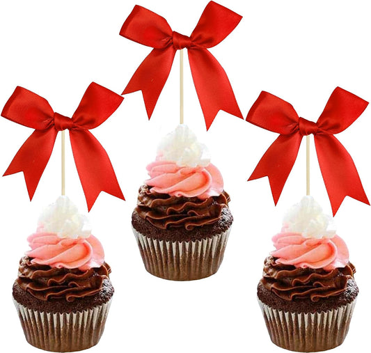 Gyufise 24Pcs Bow Cupcake Toppers Coquette Bow Girls Birthday Cake Decorations Bowknot Cake Toppers Bowknot Cupcake Picks for Baby Shower Birthday Wedding Bridal Engagement Party Supplies Red