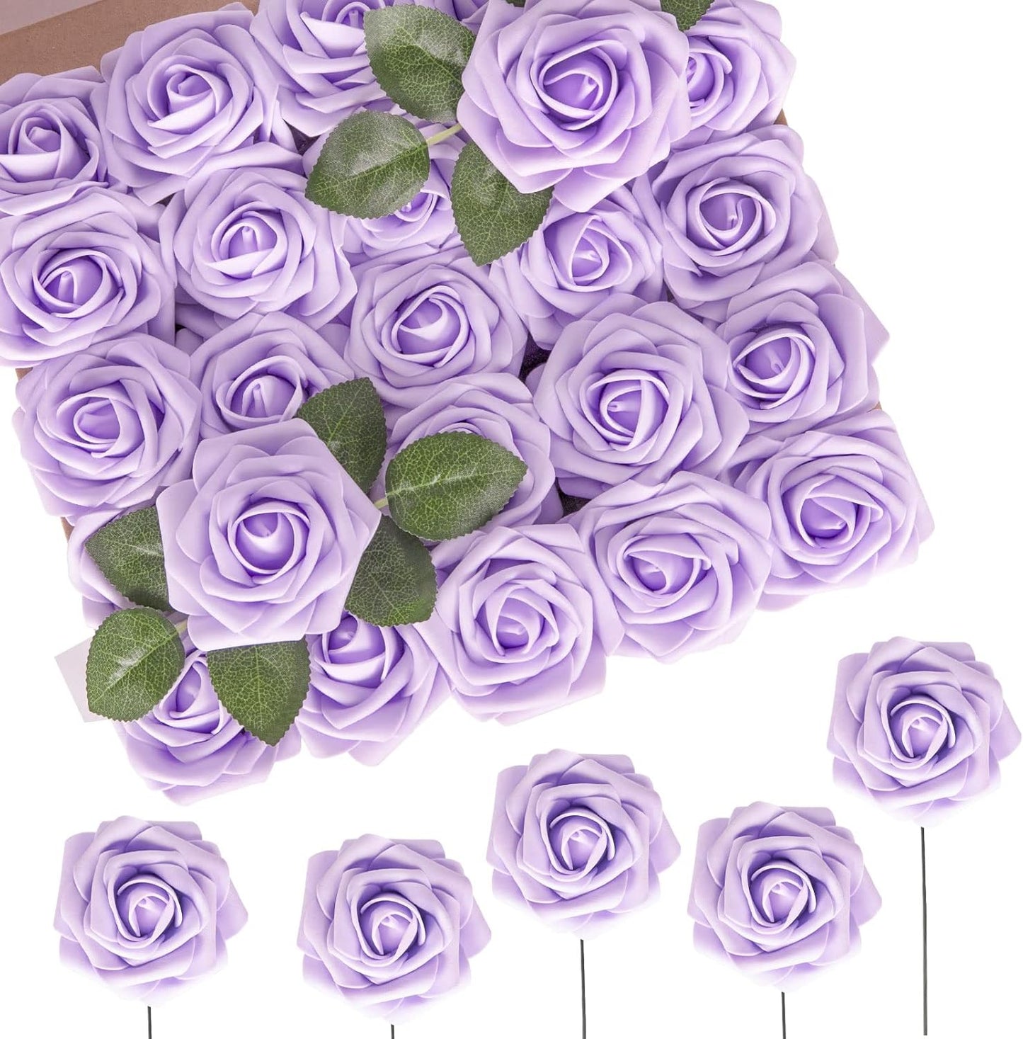 N&T NIETING Artificial Flowers, 50pcs Lavender Fake Rose Flowers with Stem for DIY Wedding Bouquets Centerpieces Arrangements Party Baby Shower Home Decorations