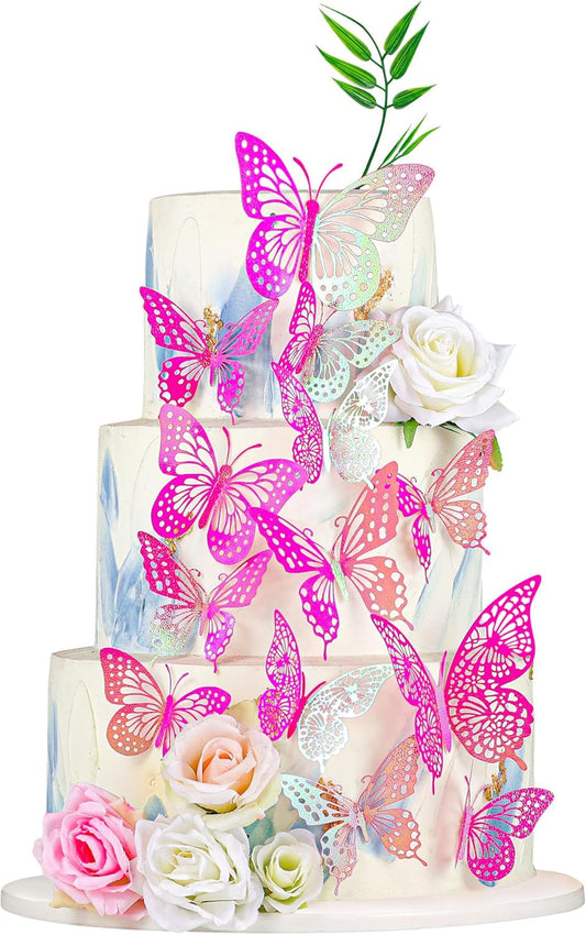 Gyufise Laser Light Pink Butterfly Cupcake Toppers Hollow Art 3D Butterfly Cupcake Decorations Baby Shower Wedding Anniversary Kids Birthday Party Cake Wall Decorations Supplies 36Pcs