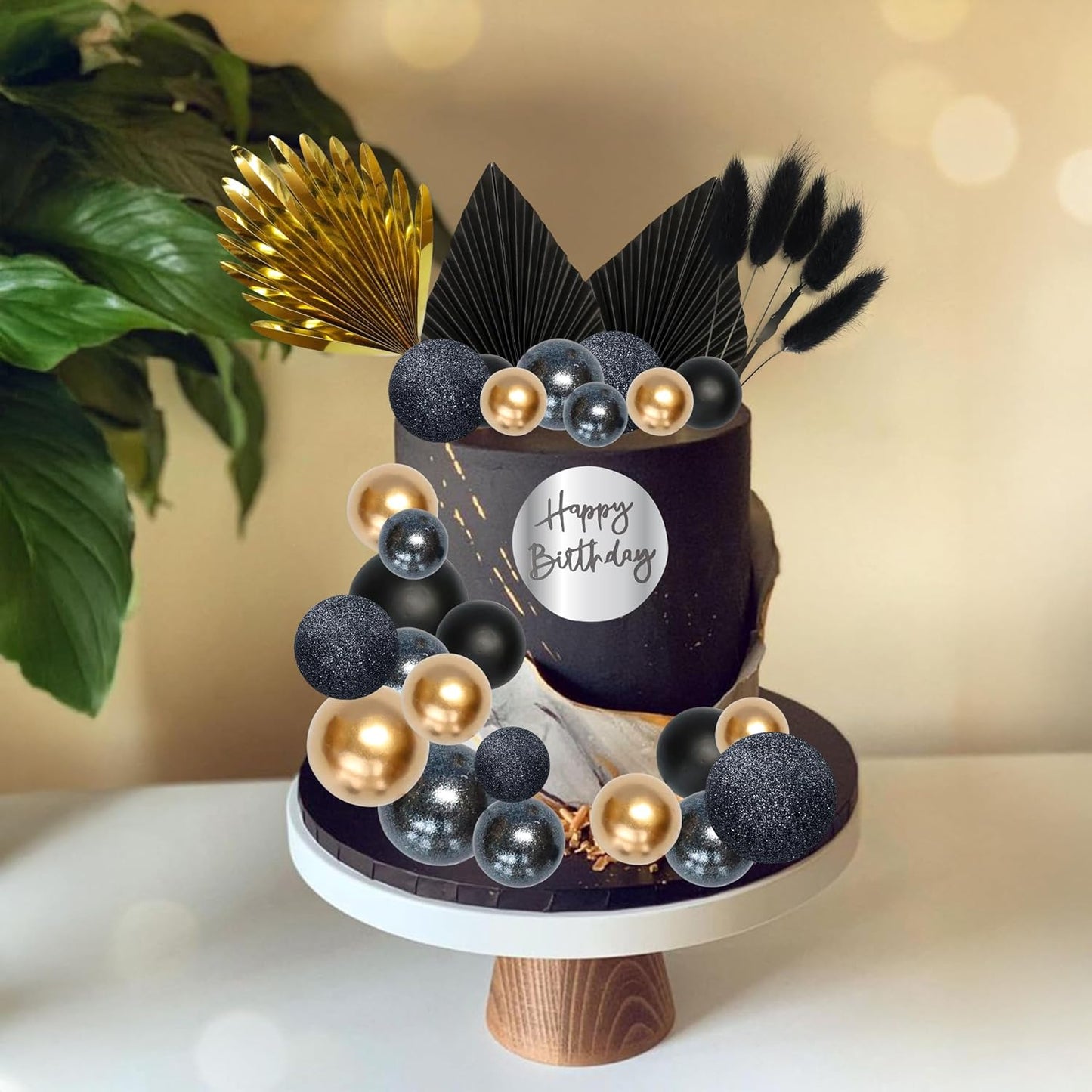 Ephlyn 33 Pack Balls Cake Toppers Boho Palm Leaves Cake Decorations Round Acrylic Happy Birthday Cupcake Toppers for Birthday Wedding Baby Shower Party Supplies Black Gold