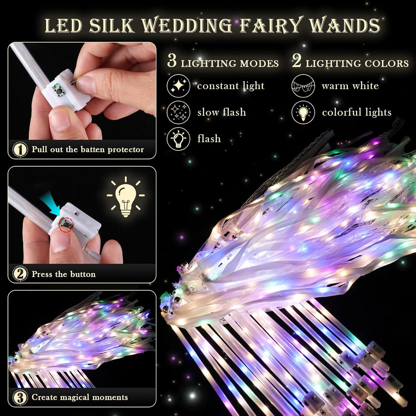 30 Pieces Light up Wedding Wands with Ribbons & Bells –LED Silk Wedd Fairy Wands Streamers with Warm White & Colorful Lights for Wedding Send Off Ideas, Parties, and Celebrations