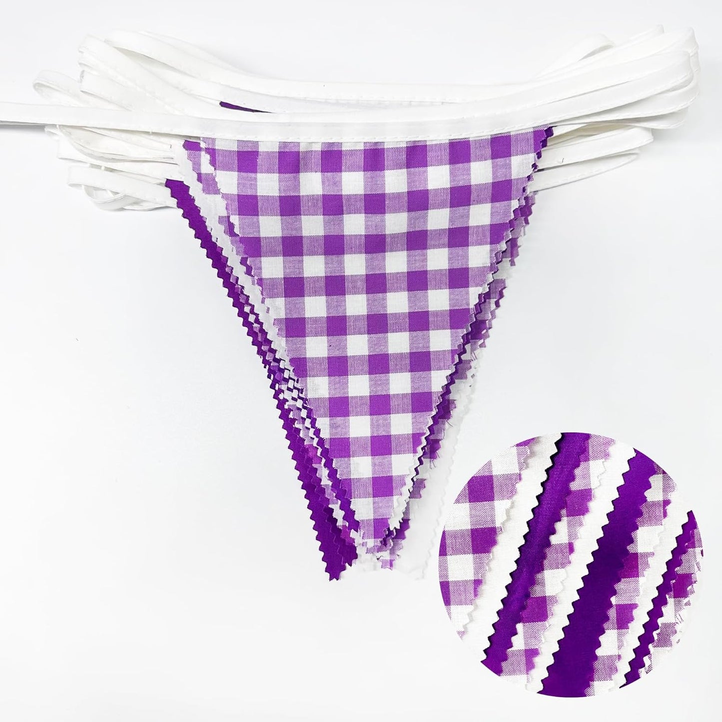32Ft Purple Party Decorations Purple Buffalo Plaid Checkered White Triangle Flag Gingham Pennant Banner Fabric Garland for Wedding Birthday Picnic BBQ Outdoor Lavender Mermaid Party Decor Supplies