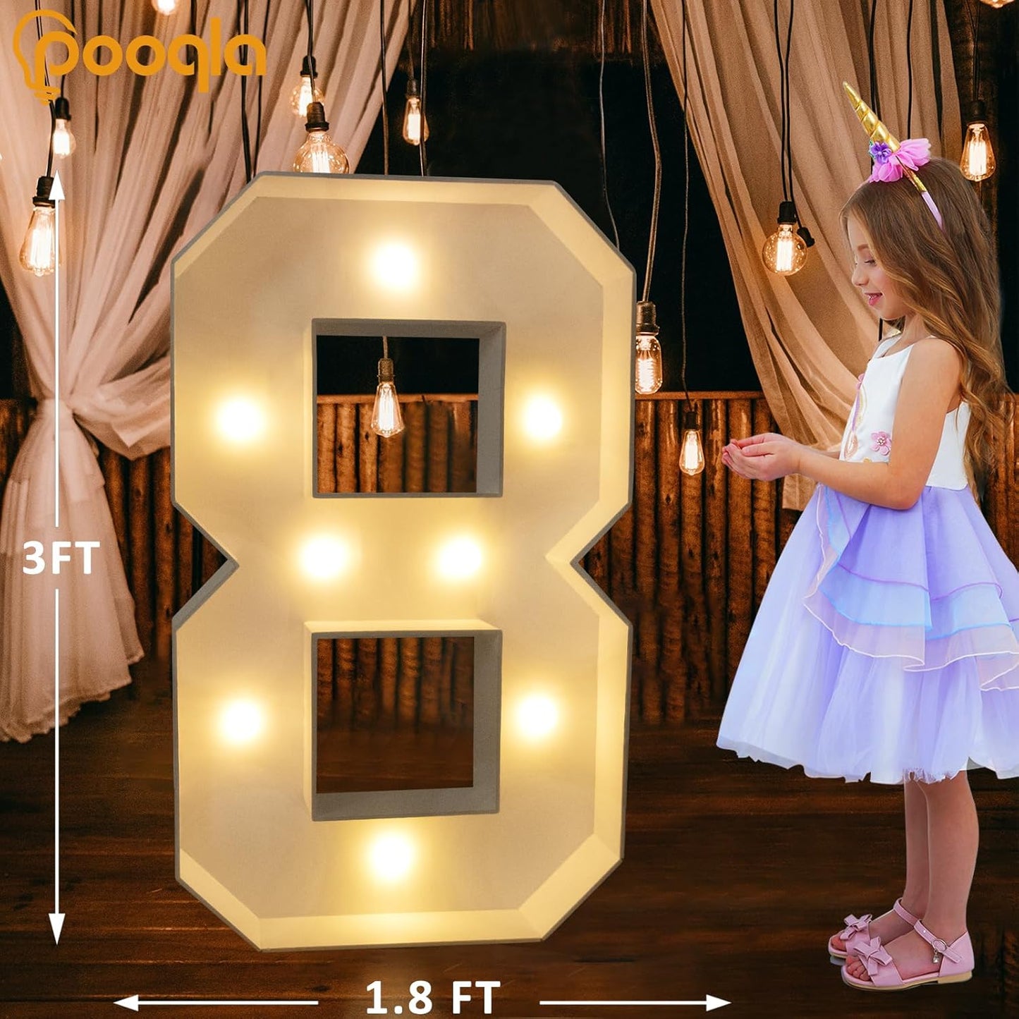 Pooqla 3FT Light Up Marquee Numbers, Cool White and Warm White LED Large Lighted Marquee Numbers, Giant Mosaic Light Up Numbers for Balloons 8th 18th 80th Birthday Decoration Party Decor, LED Number 8