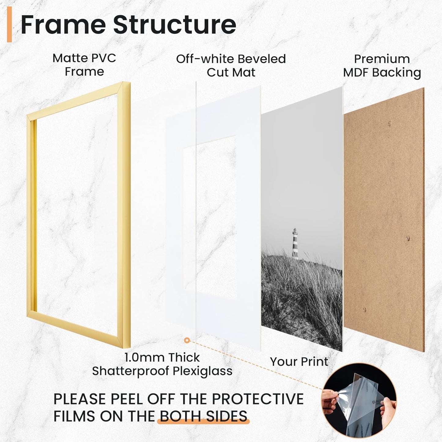 8x10 inch Picture Frame, 8x10 Photo Frames with 5x7 Removable Mat - High Definition Plexiglass - Vertical and Horizontal Display - Wall Hanging Frame - Gold, 5 Pack