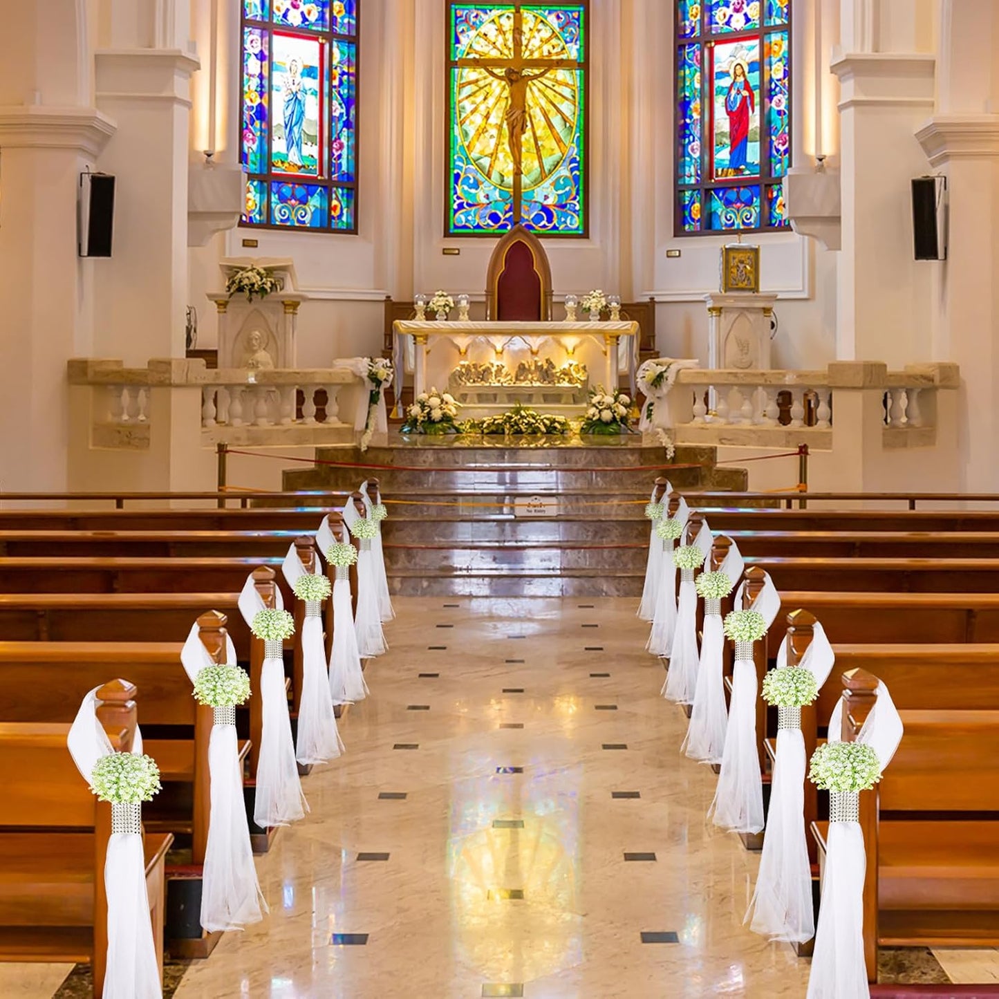 Olgaa Wedding Aisle Decorations for Ceremony Set of 24 Wedding Chair Pew Flowers Church Decorations with Artificial Baby’s Breath and Rhinestone for Weddings Party Bench Aisle (Baby’s Breath)