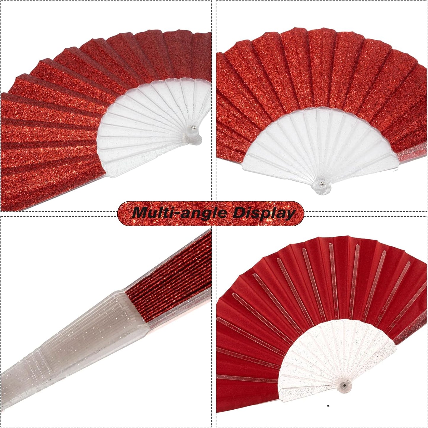 24 Pack Handheld Fan,Folding Hand Glitter Fan with Shining Transparent Fan Rib – Ideal for Wedding, Church, Festival, Dance, Tea Party, Club, and EDM Accessories, Red