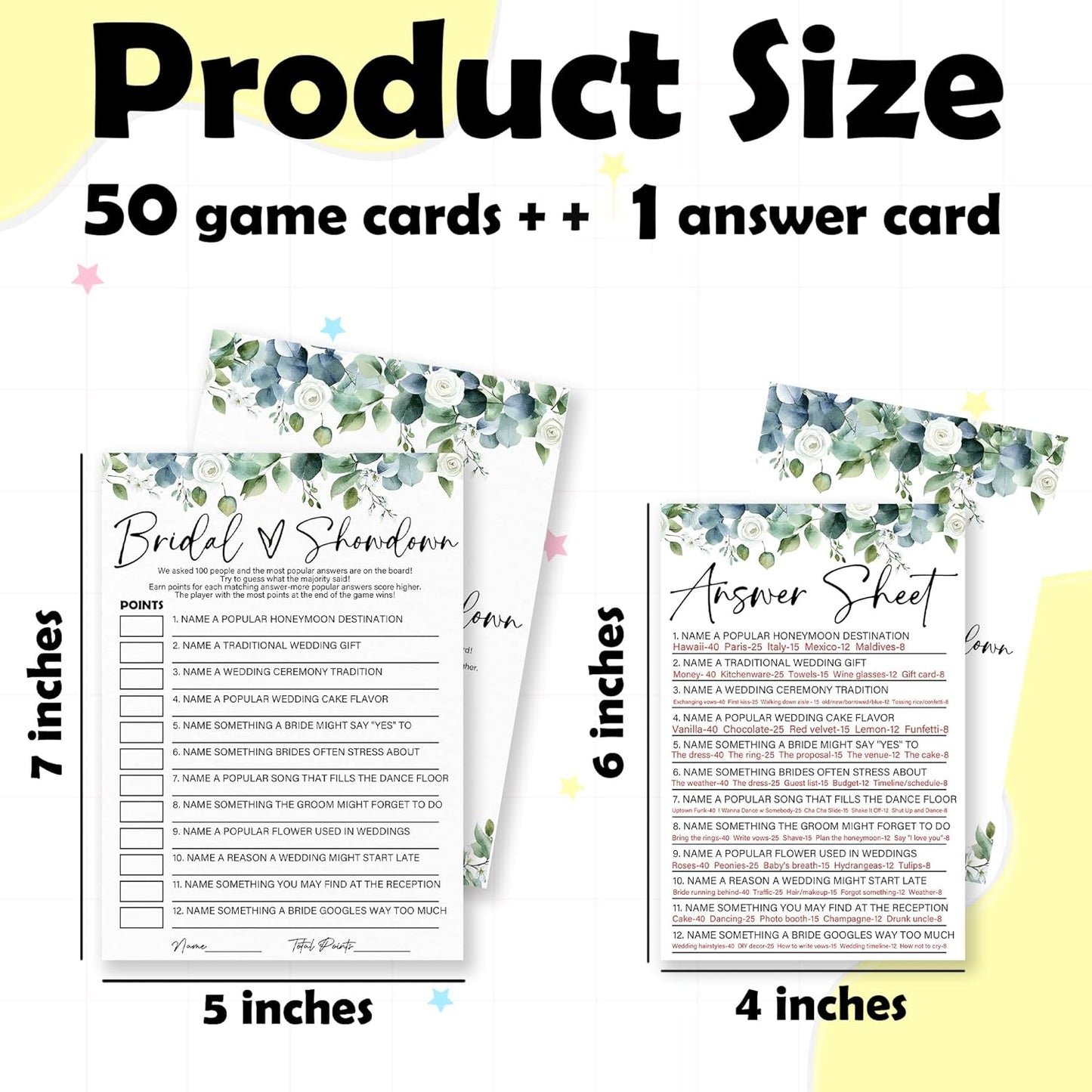 Bridal Showdown - Botanical Bridal Shower Game Cards - 50 Pcs Eucalyptus Leaves Game Cards - Funny Wedding Party Games for Bride & Groom - Activities for Bachelorette Party - A05