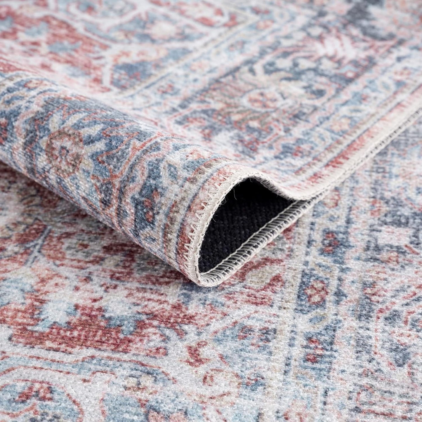 Bloom Rugs Caria Washable Non-Slip 7 ft Runner - Brick/Dark Blue Traditional Runner for Entryway, Hallway, Bathroom, and Kitchen - Exact Size: 2'6" x 7'