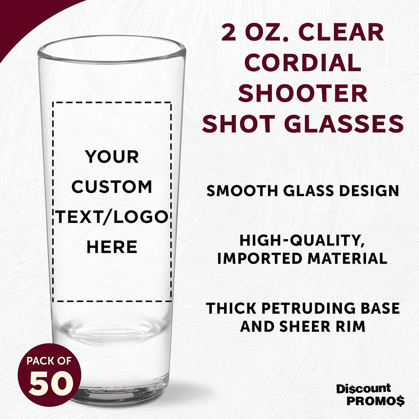 Custom Cordial Shooter Shot Glasses 2 oz. Set of 50, Personalized Bulk Pack - Great for Birthdays, Parties, Indoor & Outdoor Events - Clear