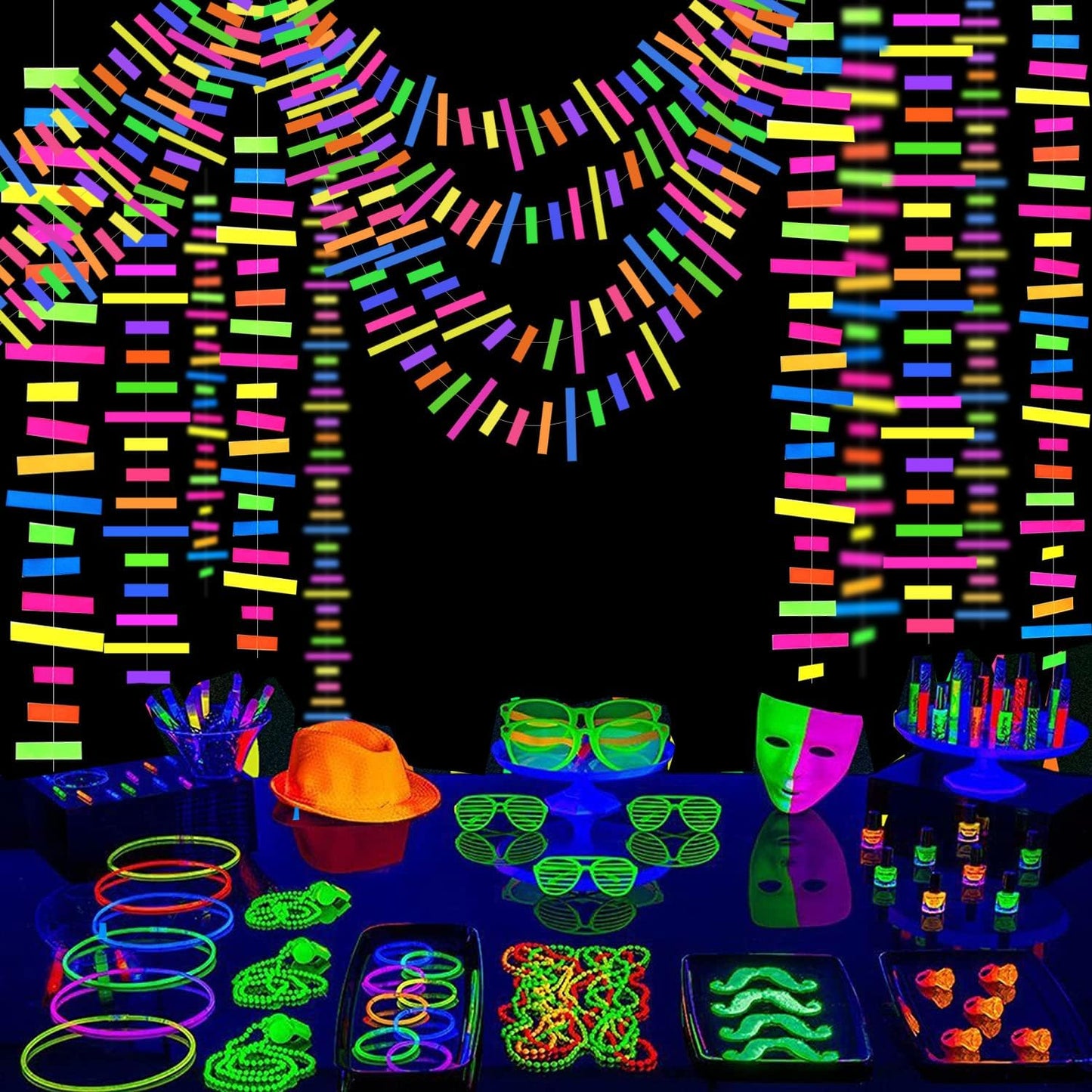 60feet UV Neon Paper Garland Stripe Neon Streamers Black Light Neon DecorationsGlow Party UV Reactive Neon Party Favors Glow in The Dark Party Supplies and Decorations for Wedding Birthday Banners