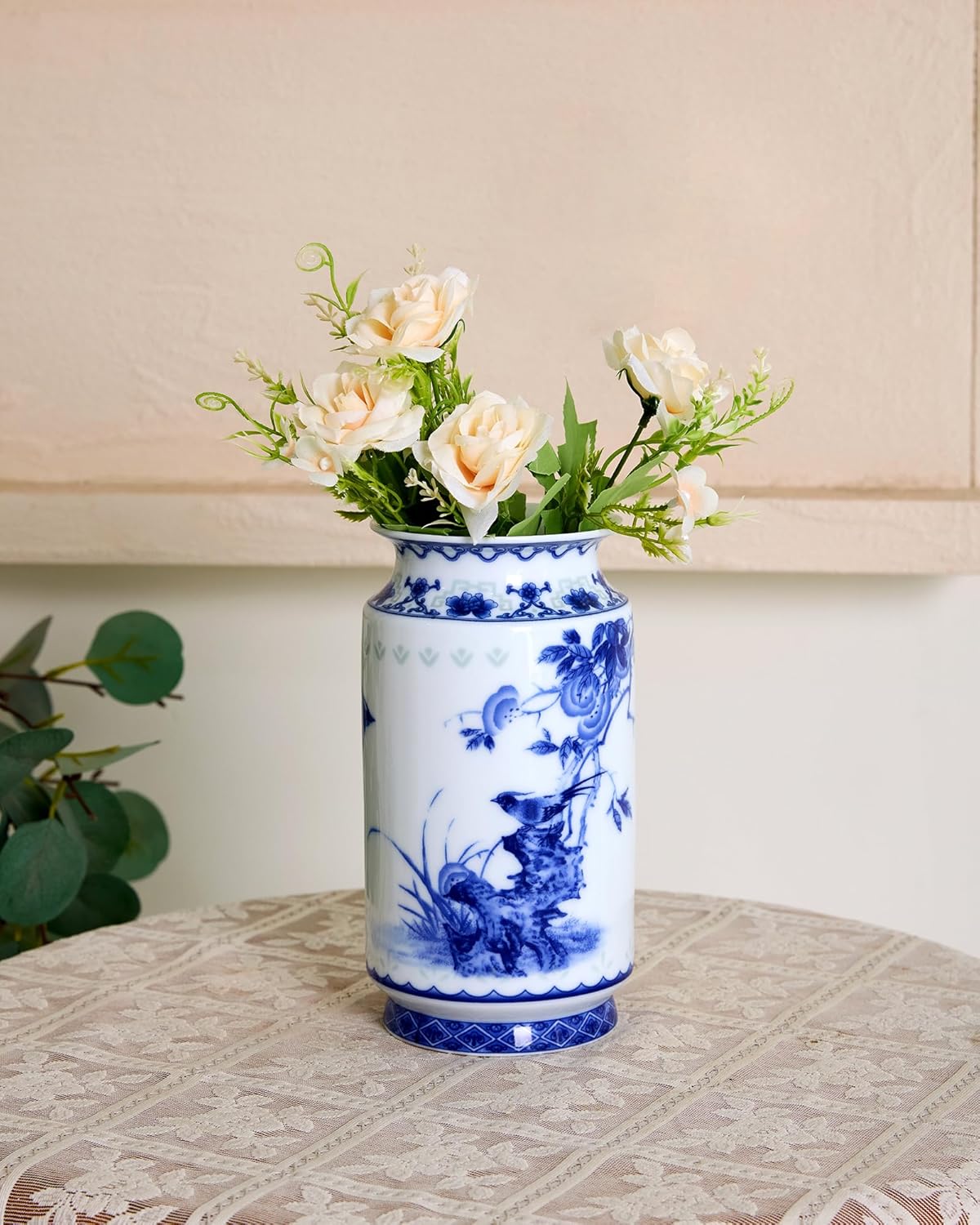 Blue and White Vintage Vase Chinoiserie Farmhouse Decorative Vases Flower Terracotta pots for Tableshelf Bookshelf Bathroom Living Room Kitchen 8.3inch