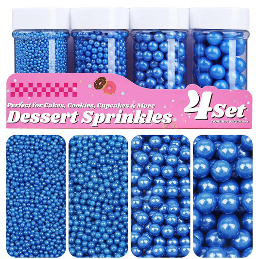Blue Pearl Sprinkles for Cake Decorating, 11.3 Oz Edible Pearls Sugar 4 Sizes Gift Box Set for Baking Cookie Ice Cream Cupcake Toppings