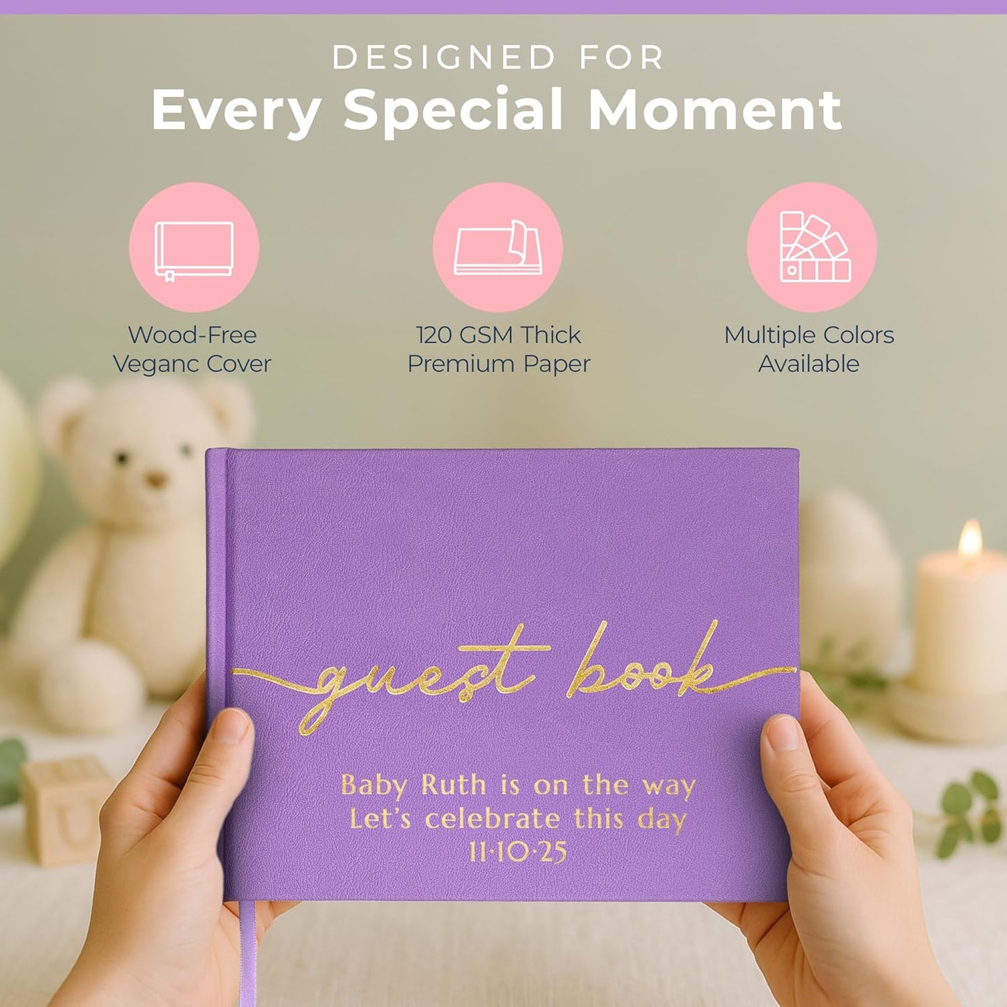 Promot Personalized Guestbook for Party (Lavender Purple) - 110 Lined Pages in Wood-Free Vegan Leather Hard Cover - Wedding Guest Book Sign in and Photos, Baby Shower, Birthday or Graduation