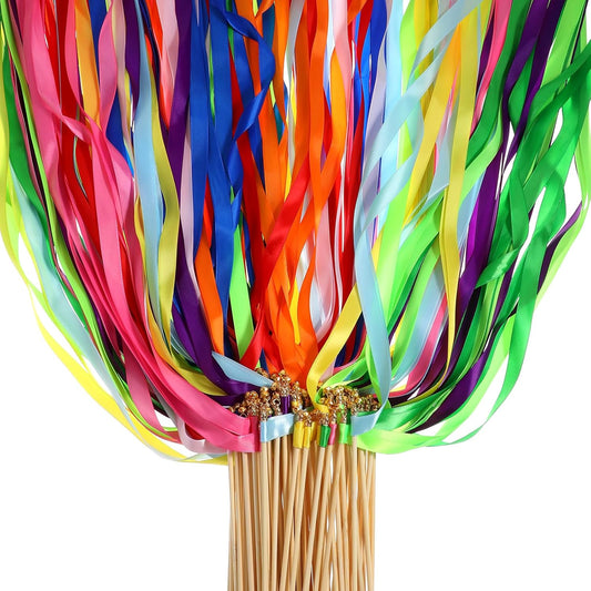 100Pcs Multi-Color Ribbon with Gold Bell, Fairy Wands Chromatic Silk Wish Wand Streamers Sticks for Wedding Send Off, Bridal Shower Party Photo Props, Birthday, Pride Parade Decorations