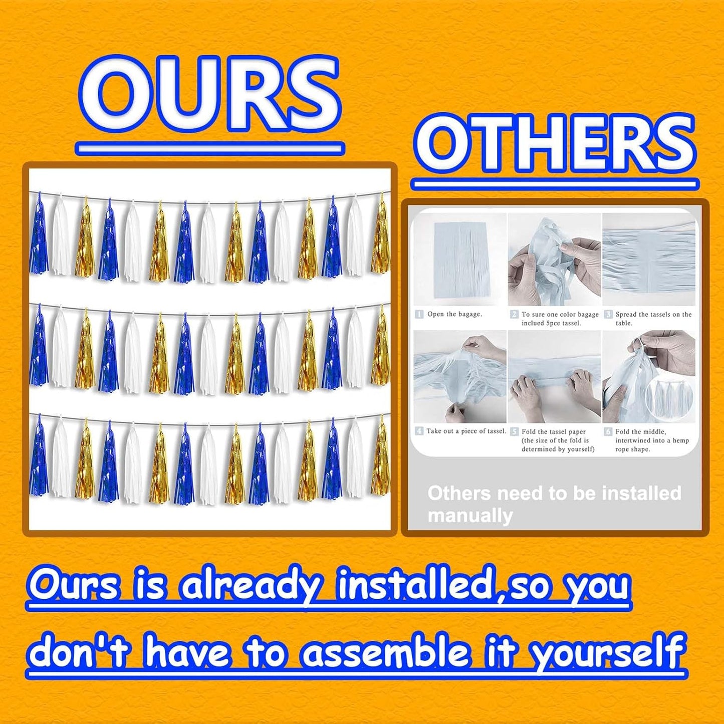 3P Metallic Fringe Tassel Banner Garland Foil Tinsel Streamer Wall Hanging Curtain Backdrop Banners for Parade Floats Birthday Party Graduation Retirement Party Decorations(Navy-Blue White and Gold)