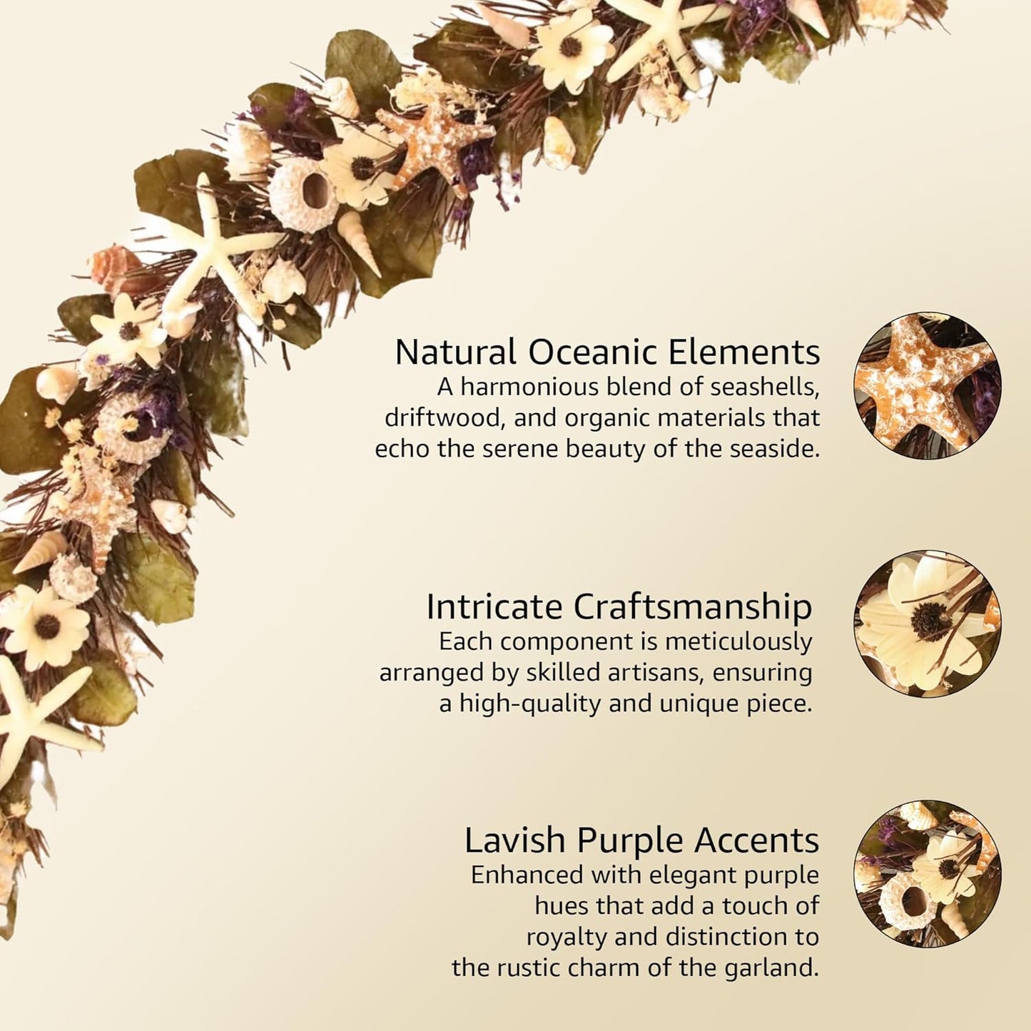 HOLIDAY TREE 5' Coastal Handcrafted Garland - Purple Accents, Natural Shells, Wood Twigs, Resin Starfish - Perfect Summer Garlands for Decoration.