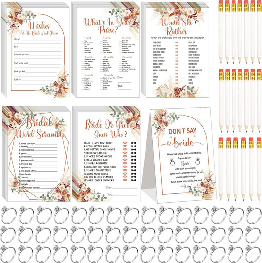 Estune 331 Pcs Bridal Shower Games Supplies, 5 Sets 250 Pcs Wedding Cards 1 Put a Ring on It Bridal Shower Games with 60 Rings and 20 Pencils(Boho Style)