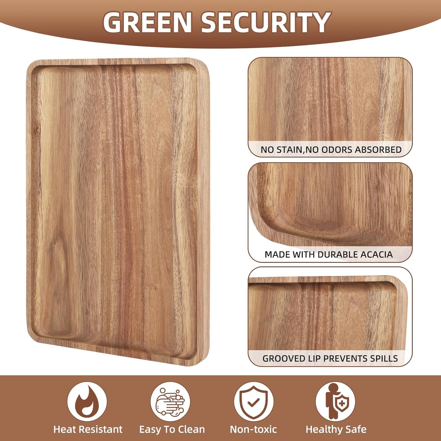 2 PCS 16 x 12 in Large Solid Acacia Wood Serving Trays Rectangular Wooden Serving Platters Natural Wooden Boards for Bar Coffee Party（Wood Log Color）