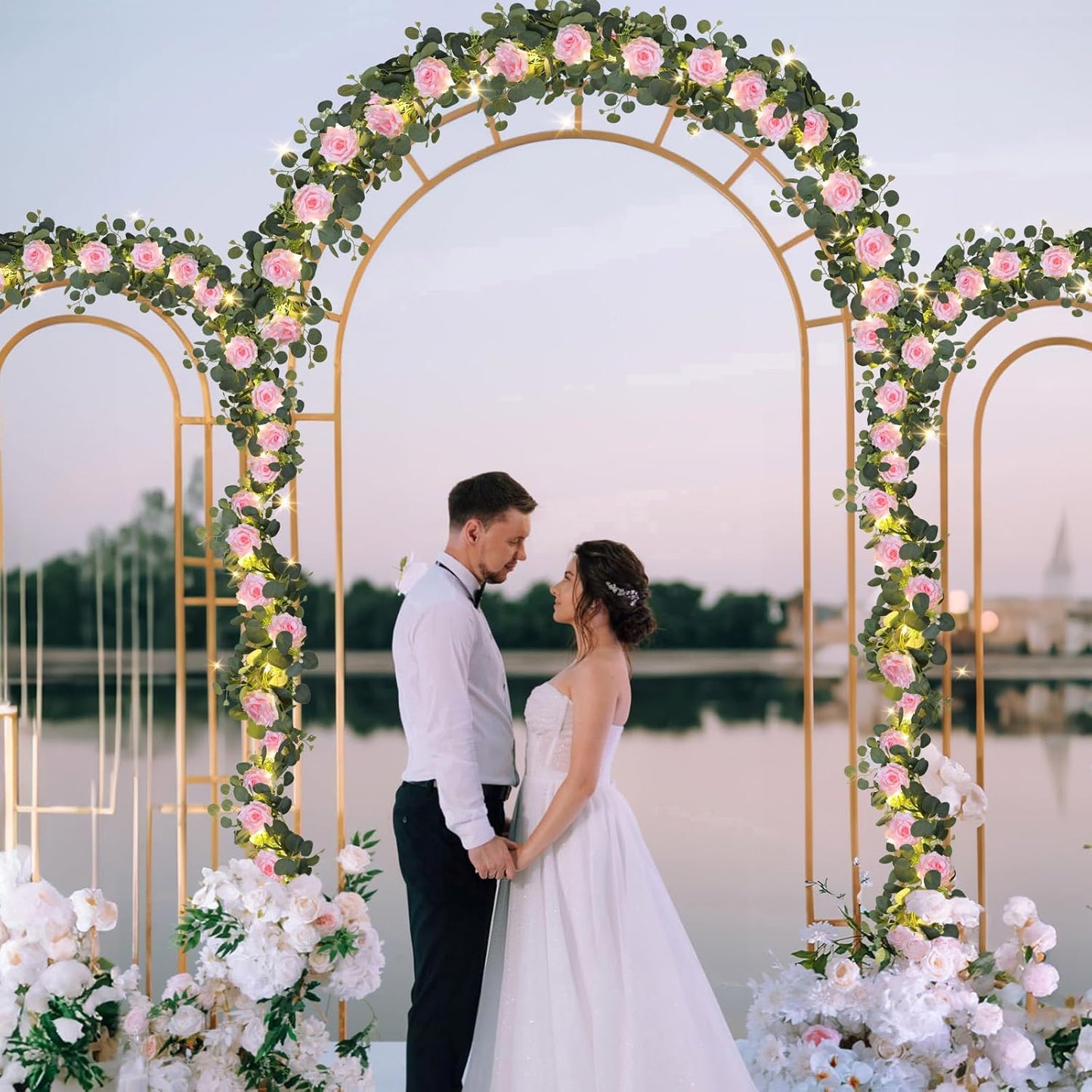 MACTING 2 Pack 13.2FT Eucalyptus Garland with Lights - Spring Gypsophila Flower Garlands with 24 Pink Roses Artificial Floral Greenery Vines for Arch Table Centerpieces Backdrop Party Wedding Decor