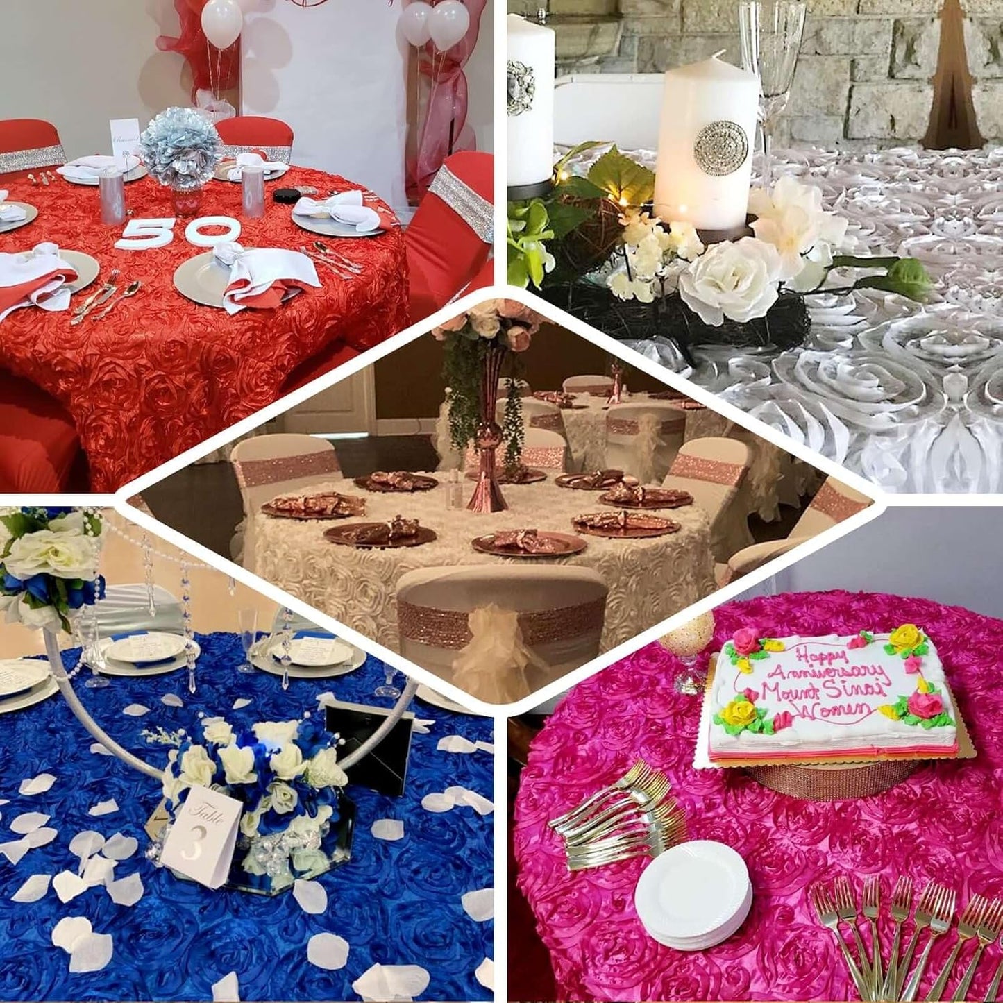 Efavormart 120" Wholesale Round Table Cover Pink Grandiose Rosette 3D Satin Tablecloth for Wedding Party Event Decoration