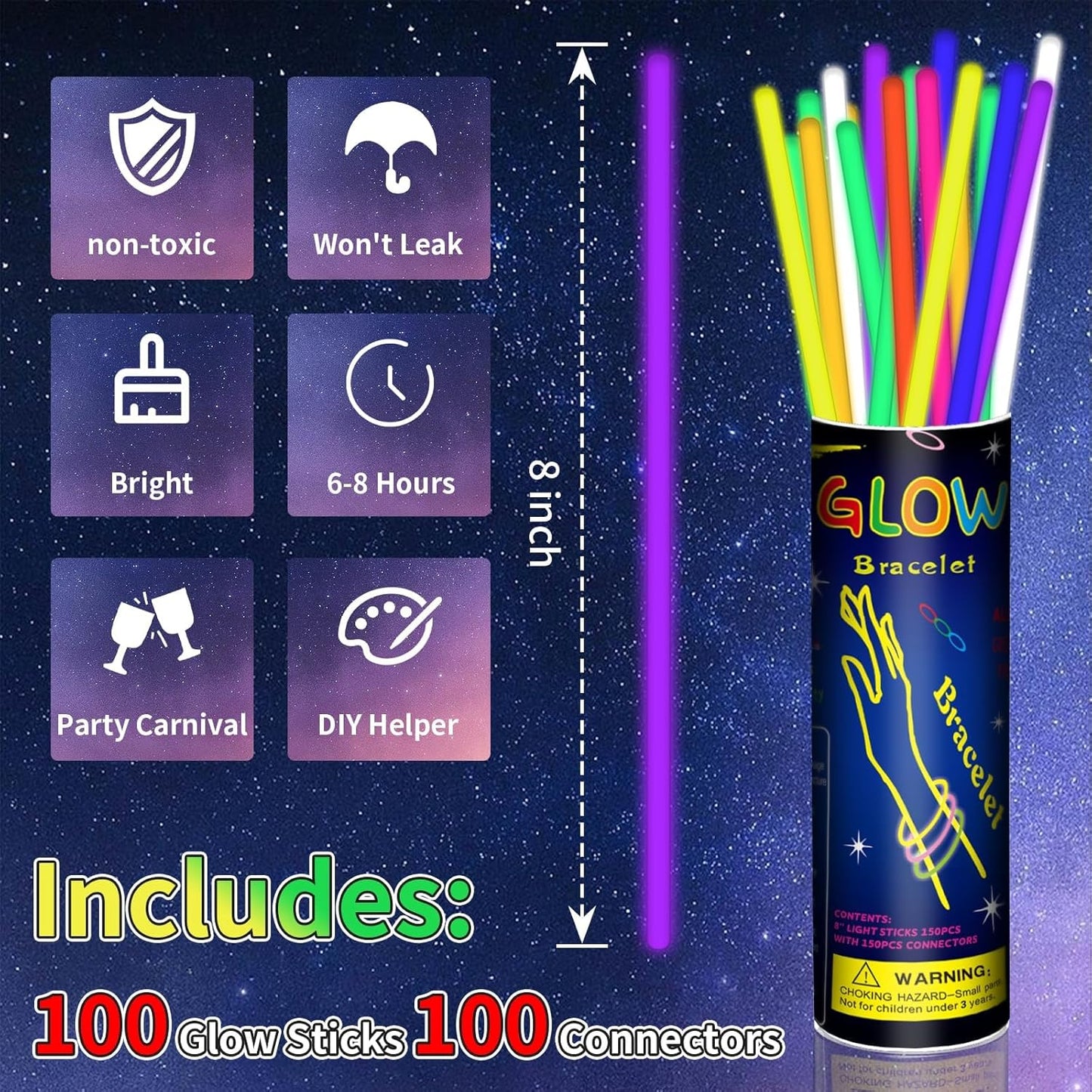 100 Pack 8” Glow Sticks Bulk with 100 Connectors Neon Glow In The Dark Party favors Supplies for Holiday Birthday Party Decoration (Colorful)