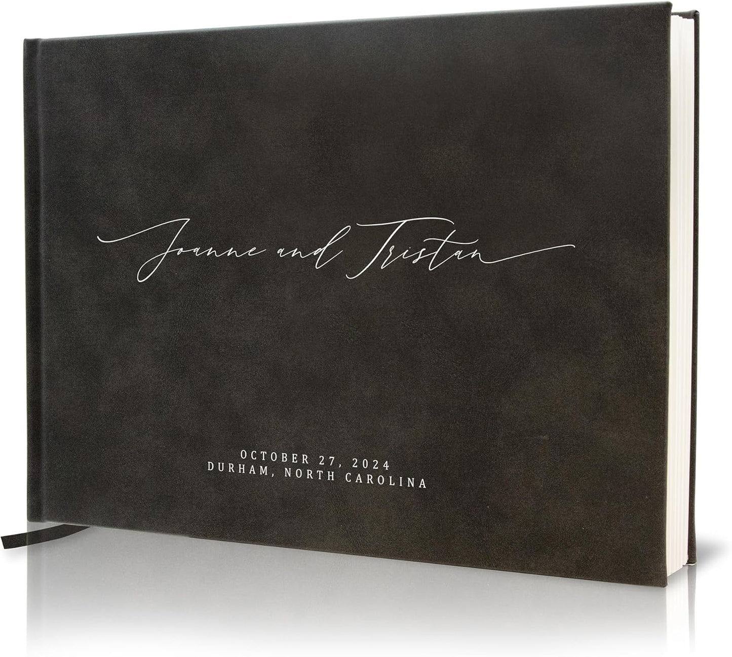 MUUJEE Personalized Guestbook in Charcoal - Premium Custom Modern Guest Book for Wedding Reception, Birthday Party or Events w/Bookmark Blank Pages for Signing 11.5 x 8.5 inches