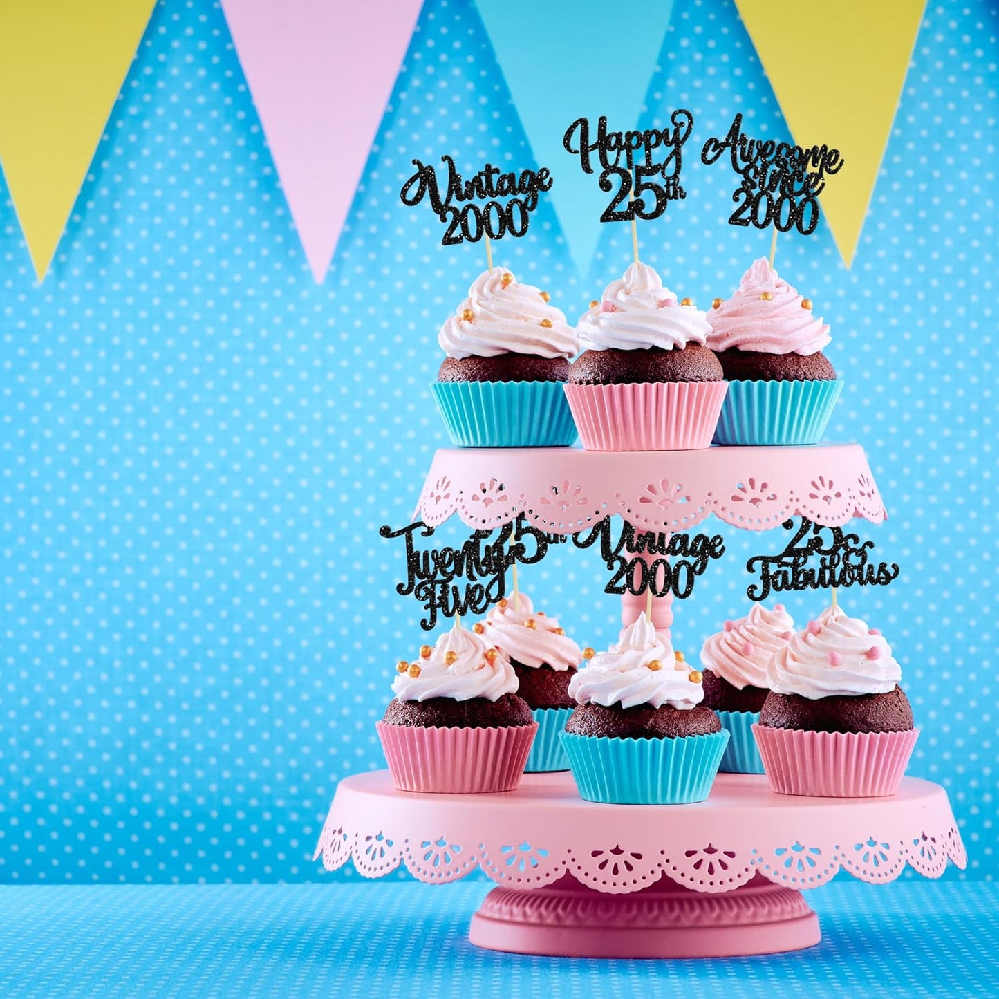 30Pcs Happy 25th Birthday Cupcake Toppers Glitter Awesome Since 2000 Twenty-Five 25 Fabulous Vintage 2000 Cupcake Picks for 25th Birthday Anniversary Retirement Party Cake Decorations Supplies Black