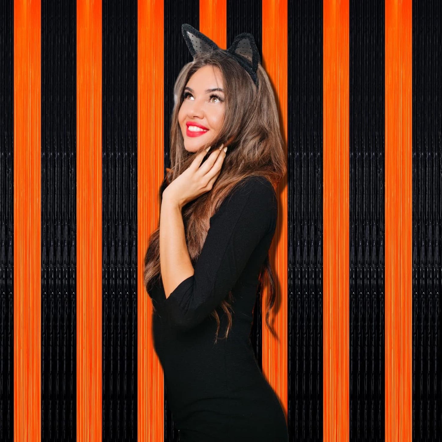 4 Pack Black Orange Foil Fringe Curtain Backdrop, 3.28Ft x 9.8Ft Metallic Tinsel Foil Fringe Streamers Curtains for Photo Booth, Wedding, Thanksgiving, Birthday, Christmas, Halloween Party Decoration