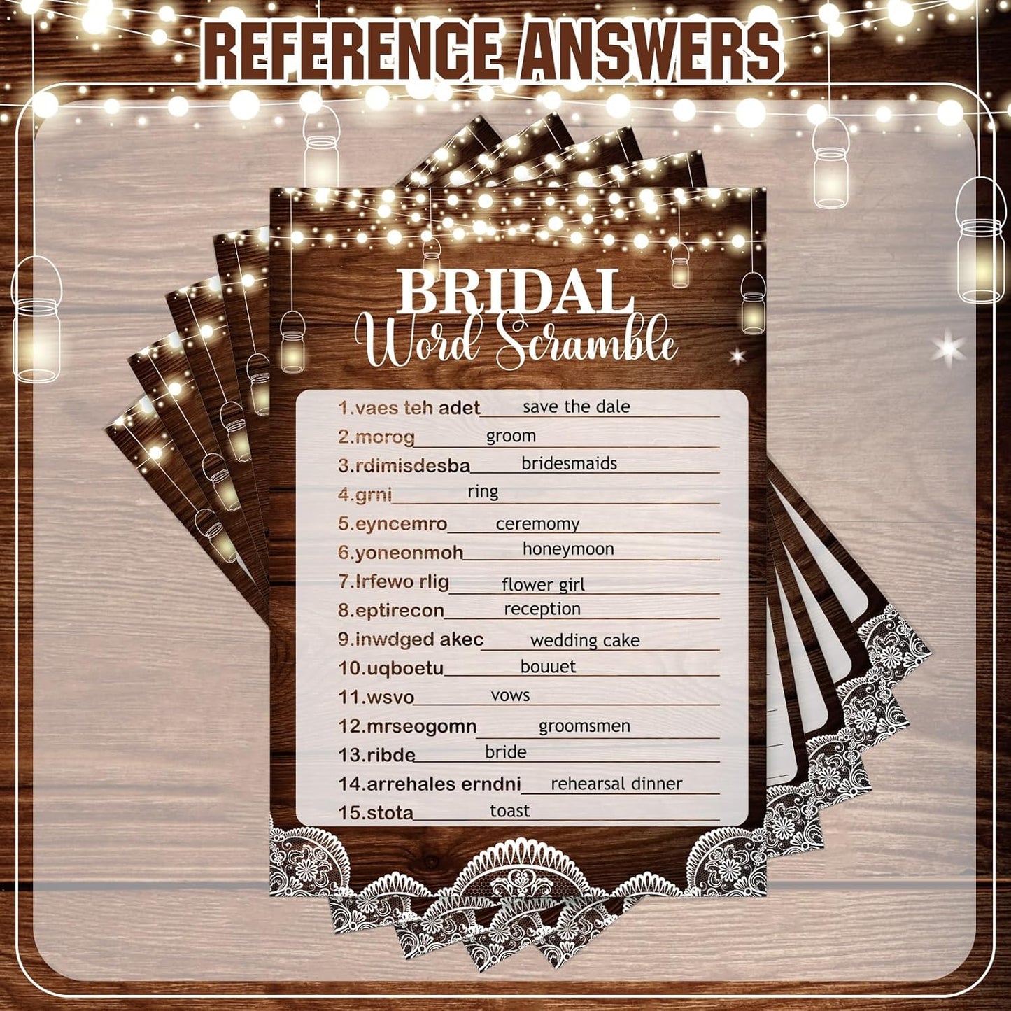 Estune 331 Pcs Bridal Shower Games Supplies, 5 Sets 250 Pcs Wedding Cards 1 Put a Ring on It Bridal Shower Games with 60 Rings and 20 Pencils(Rustic Wood)