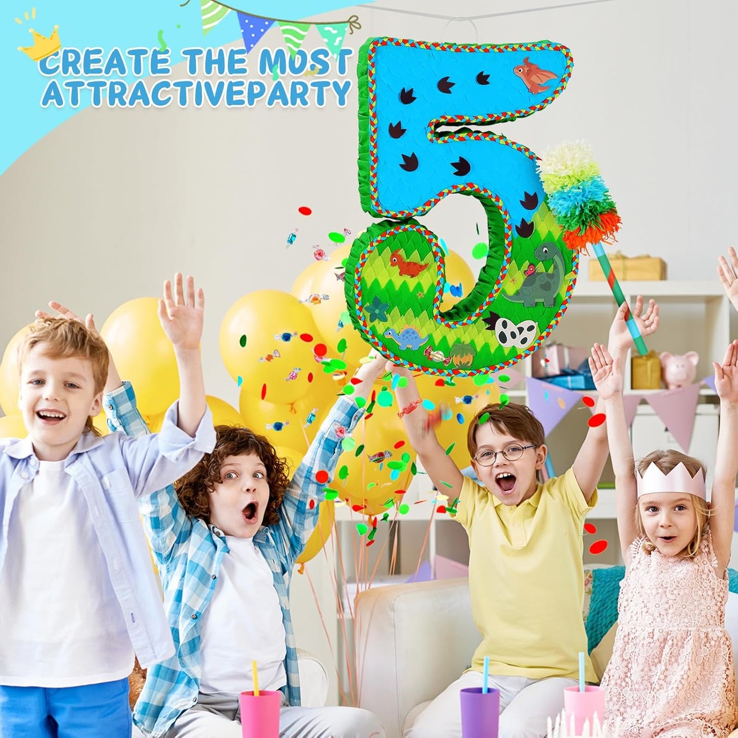 Number 5 Pinata for Birthday Party Decorations, Jungle Dinosaur Piñata Games Toy (5th)