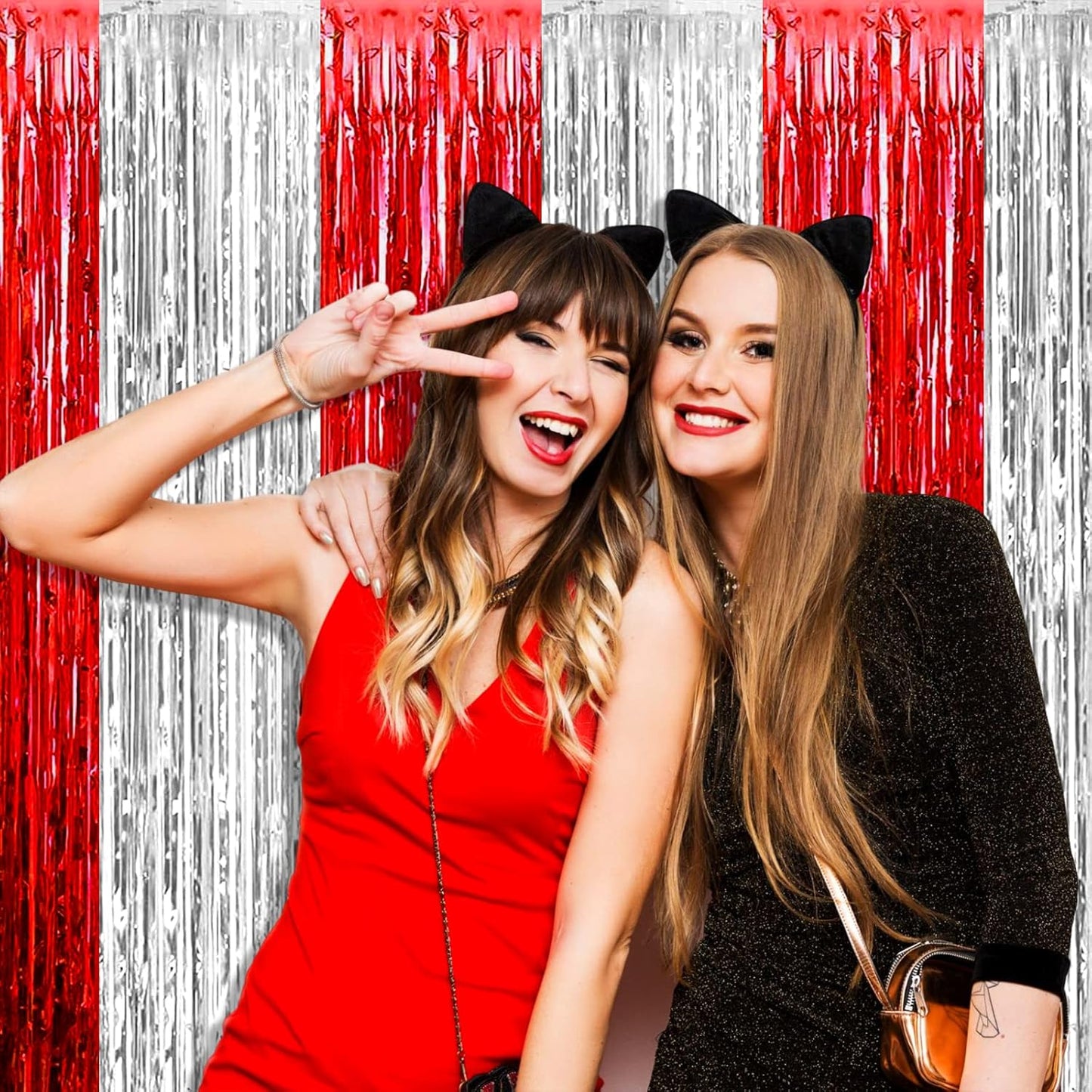 4 Pack Silver Red Foil Fringe Curtain Backdrop, 3.28Ft x 9.8Ft Metallic Tinsel Foil Fringe Streamers Curtains for Photo Booth, Wedding, Circus Welcome Carnival Birthday Party Decoration