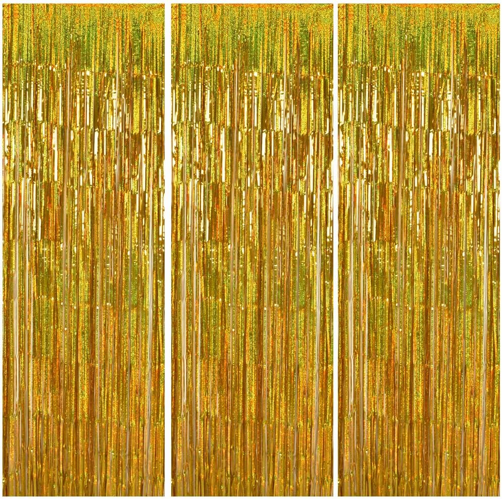 TONIFUL 3Pcs Laser Gold Door Streamers, Metallic Foil Fringe Curtains for Birthday, Christmas, New Year, Bachelorette, Graduation Parties (9.9ft x 6.6ft)