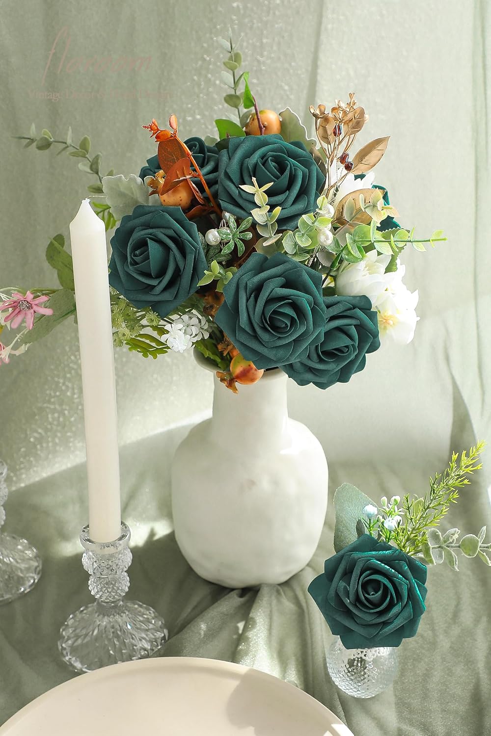 Floroom Artificial Flowers 25pcs Real Looking Peacock Green Foam Fake Roses with Stems for DIY Wedding Bouquets Bridal Shower Centerpieces Floral Arrangements Party Tables Home Decorations