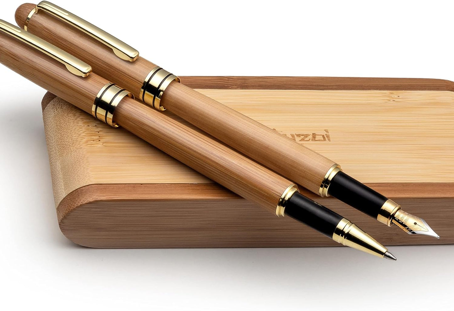 ZenZoi Wood Pen Set - Bamboo Fountain Pen w/Fine Nib & Rollerball Pen. Smooth Writing, Refillable, Vintage, Crafted, Journaling Pen. Luxury Pen Gift Set for Men, Women, Ink Converter.