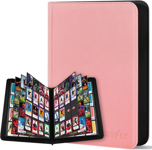 Card Binder 16 Pocket, Zipper Trading Card Binder Holds 1024 Cards, Double-sided Side Loading Card Storage Album, Ringless Card Protector, Card Collection Binder for TCG, MTG, Game Sport Card, Pink