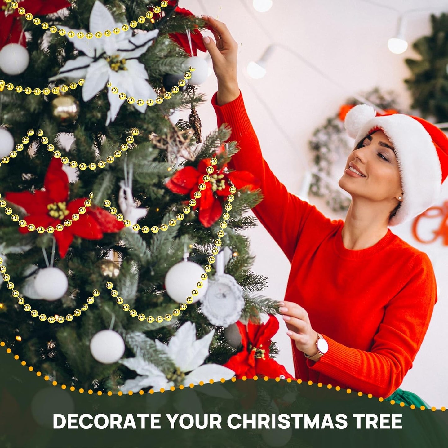 Craft String Pearls 10MM Pearl Bead, 33Feet Gold Faux Pearl Garland Spool Roll Strand Wedding Party Decoration, Christmas Tree Decorations