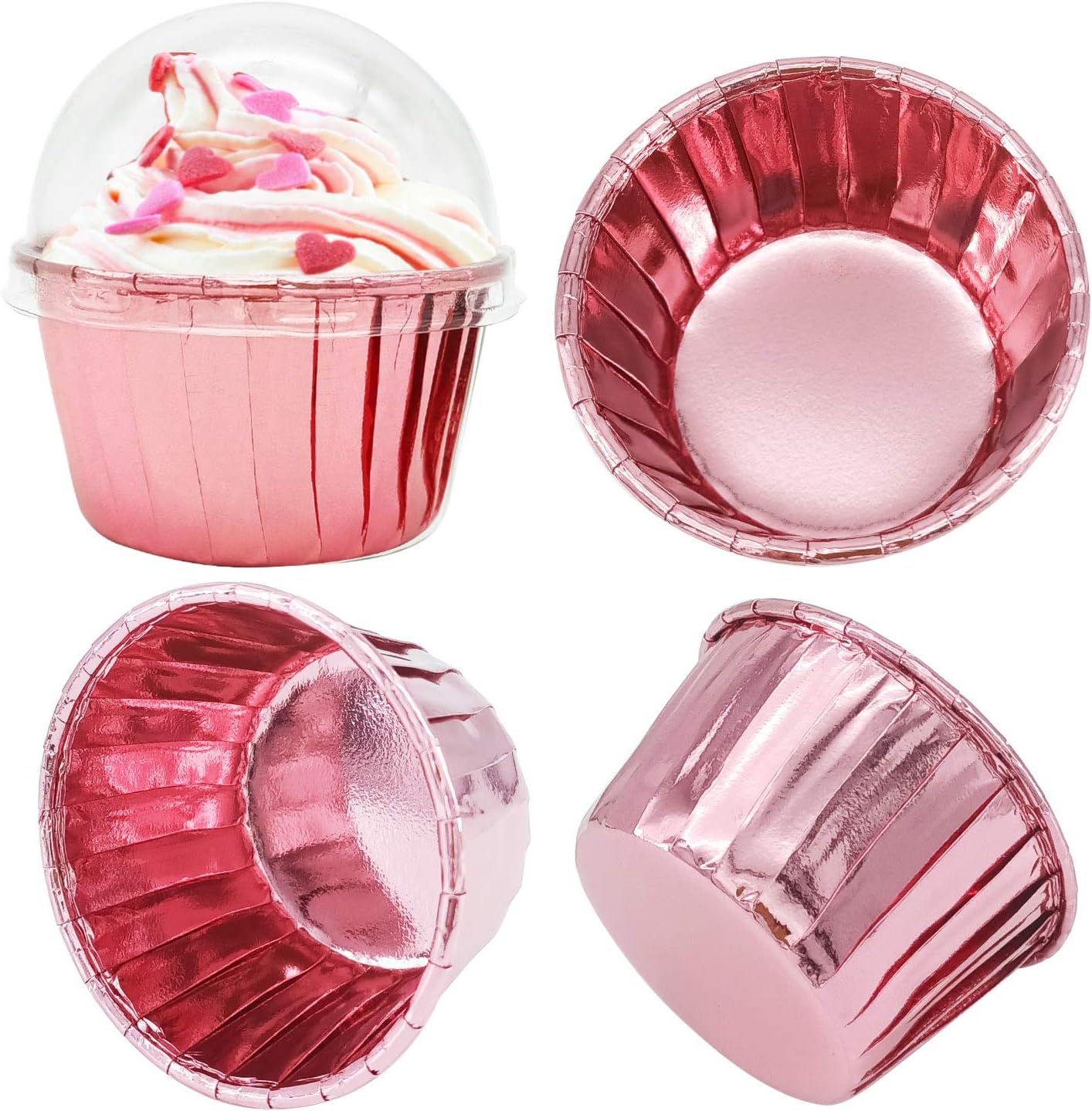 Cupcake Liners with Dome Lids 100Pack,Free-Air 3.5Oz Mini Foil Baking Cups Muffin Liners,Disposable Muffin Tin Cupcake Cups for Individual Bakery Wedding Birthday Party, with Spoons-Rose gold