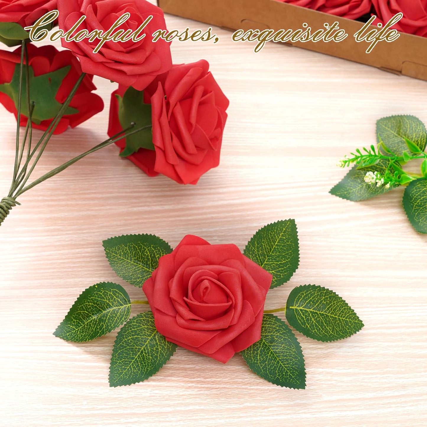 BLEUM CADE 16Pcs Artificial Flowers Fake Roses with Stems, Red Boxed Foam Roses for DIY Bouquets Centerpieces Wedding Party Arrangement Bridal Shower Decor