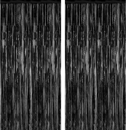 2 Pack Black Streamers Party Decorations Black Tinsel Backdrop Supplies Foil Curtain Backdrop for Baby Shower Birthday Bachelorette Wedding Engagement Holiday Celebration Halloween Party Decorations